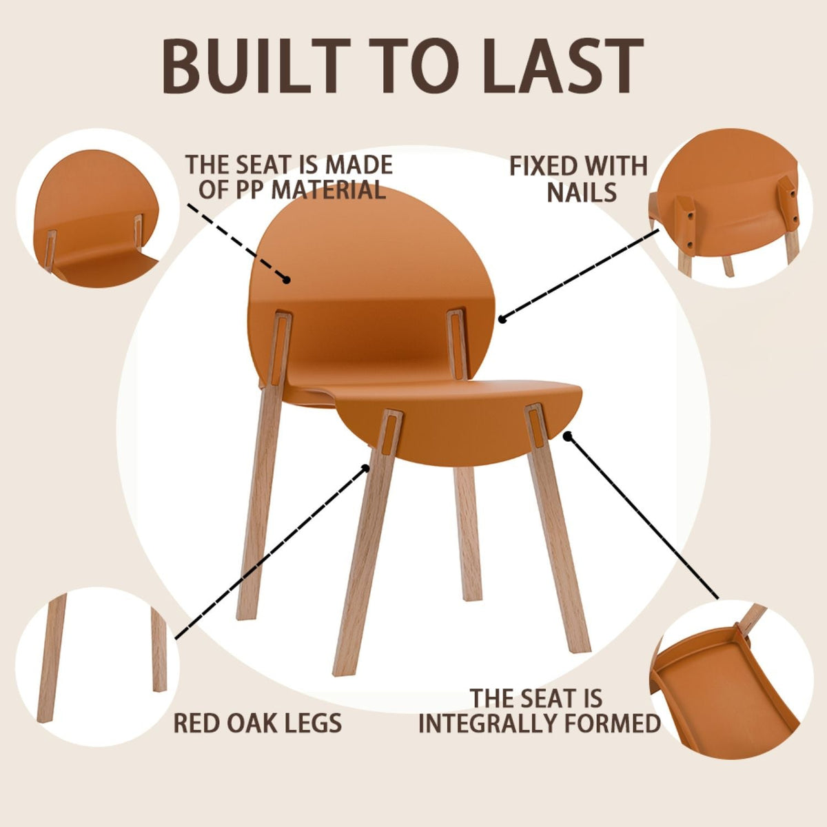 Traditional 4-piece outdoor chair set with round table in orange-brown PP seat and red oak legs on Tampa Home & Garden Store