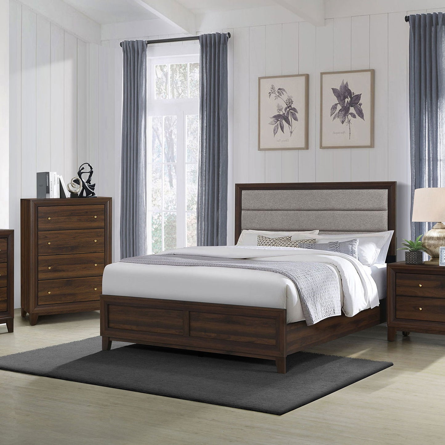 Anza Bed panel bed in dark walnut with gray upholstered headboard by HouseOfZazla on Tampa Home & Garden Store