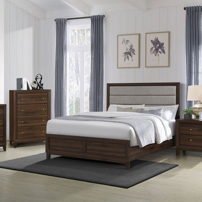 Anza Bed panel bed in dark walnut with gray upholstered headboard by HouseOfZazla on Tampa Home & Garden Store