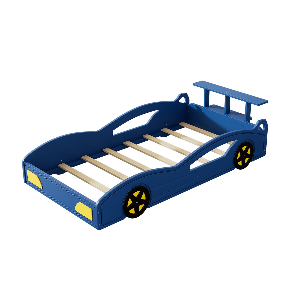 Blue race car platform bed frame with wooden slats and wheel details HouseOfZazla Car Beds on Tampa Home & Garden Store
