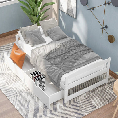 Platform bed with 2 built-in drawers in white finish, gray bedding, orange accent pillows by Unique Piece Furniture on Tampa Home & Garden Store