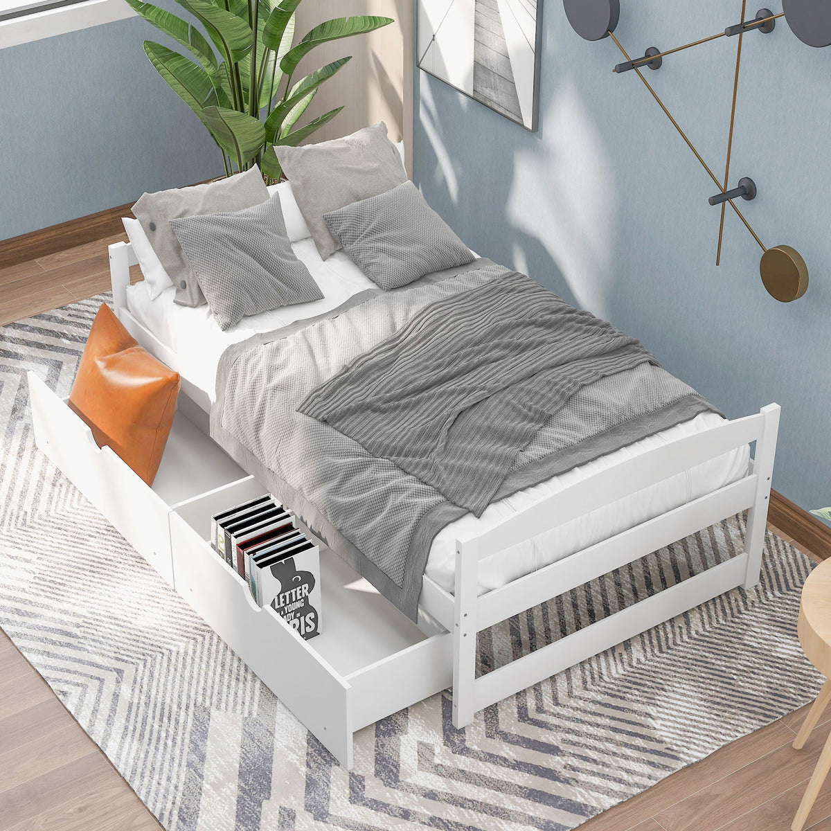 Platform bed with 2 drawers in white, gray bedding, under-bed storage by HouseOfZazla on Tampa Home & Garden Store