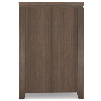 Wide handcrafted solid wood media stand in dark walnut with top lip and thick legs on Tampa Home & Garden Store