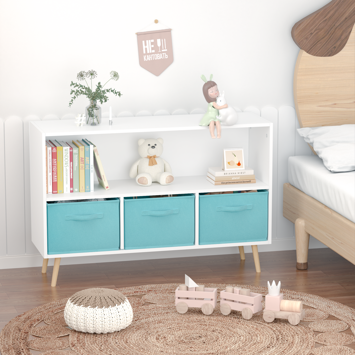 Kids bookcase with Collapsible Fabric Drawers Children's Book Display Toy Storage Cabinet Organizer White/Blue - Tampa Home & Garden Store
