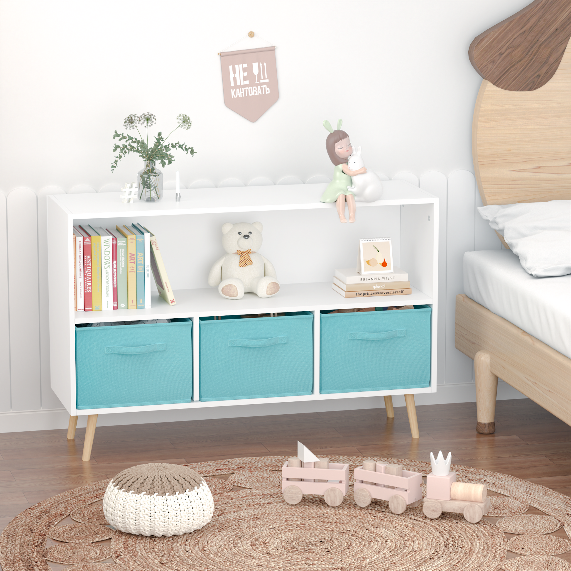Kids bookcase with Collapsible Fabric Drawers Children's Book Display Toy Storage Cabinet Organizer White/Blue - Tampa Home & Garden Store