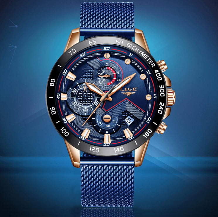 Men's sports waterproof watch with blue mesh bracelet and rose gold case by Stevvex on Tampa Home & Garden Store