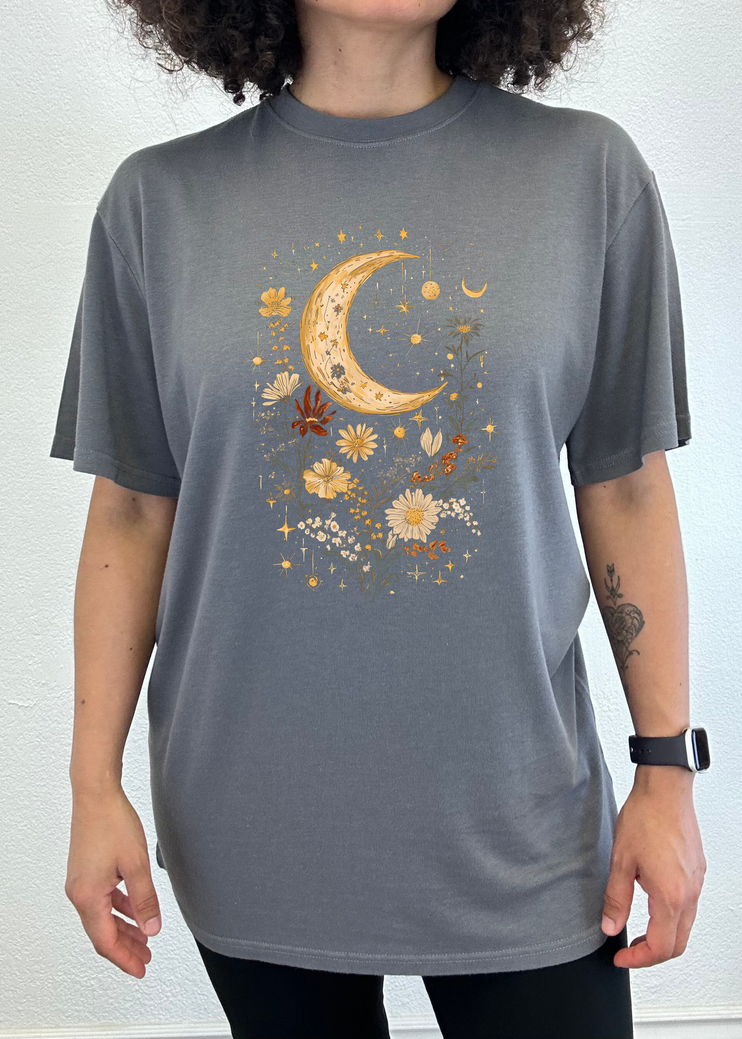 Celestial Moon Boho Flowers T-shirt gray bamboo/cotton blend unisex fit Spun Bamboo on Tampa Home & Garden Store