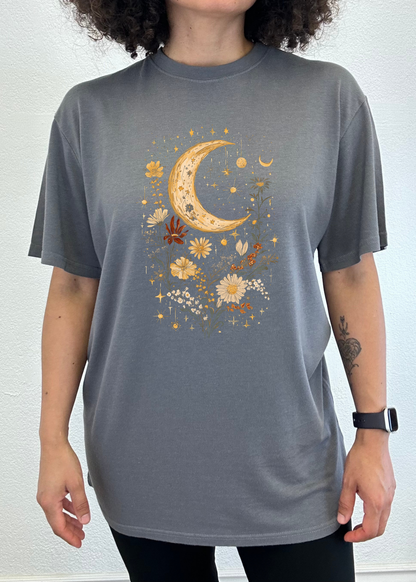 Celestial Moon Boho Flowers T-shirt gray bamboo/cotton blend unisex fit Spun Bamboo on Tampa Home & Garden Store