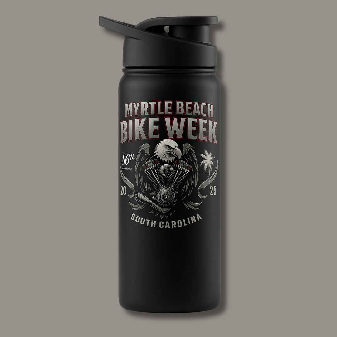 Fuel Up MBBW 2025 water bottle by BikerZoneZ, black with Myrtle Beach Bike Week graphic on Tampa Home & Garden Store