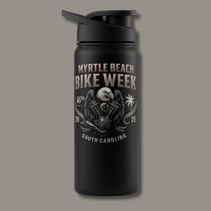 Fuel Up MBBW 2025 water bottle by BikerZoneZ, black with Myrtle Beach Bike Week graphic on Tampa Home & Garden Store