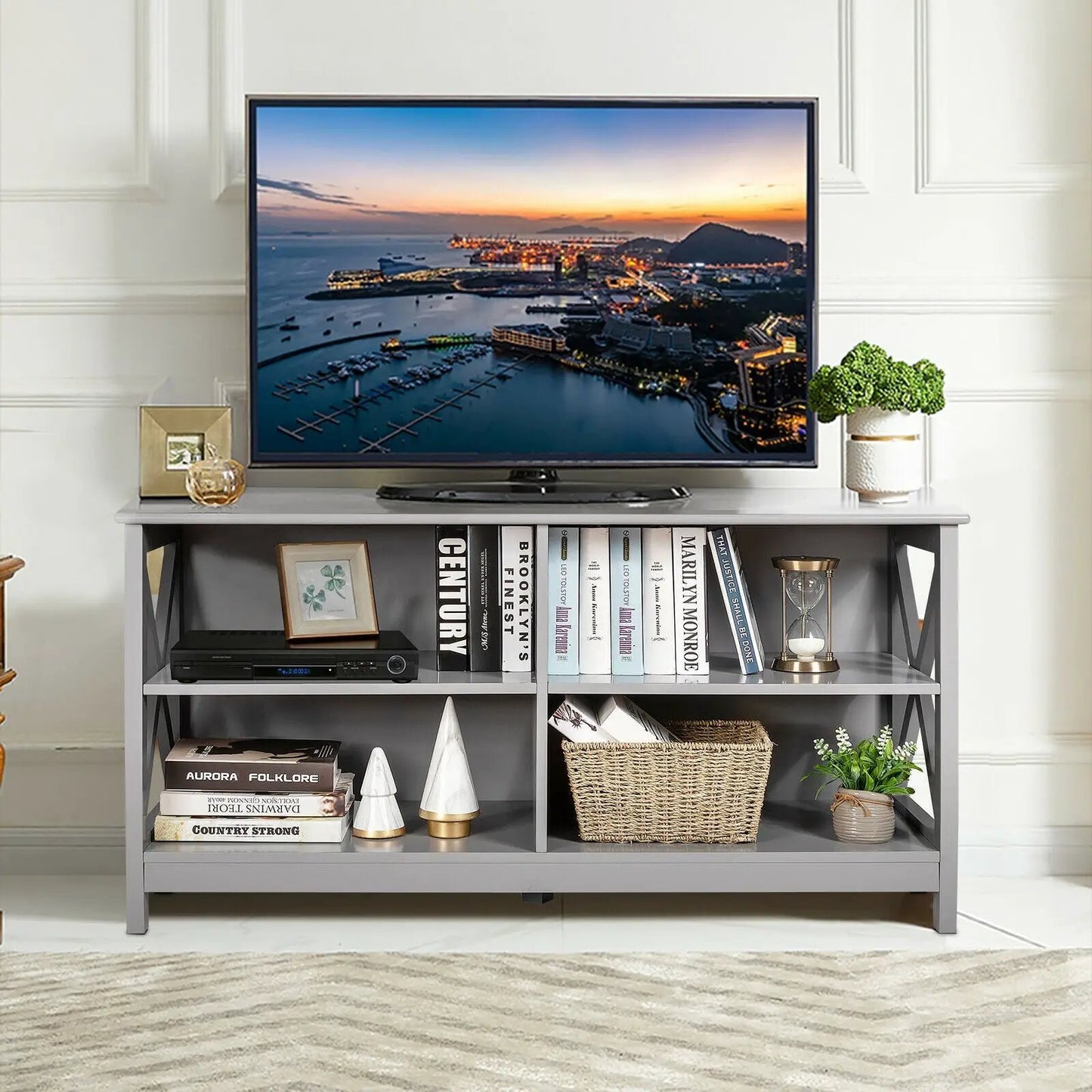 Wooden TV Stand for 55 TV with X Shaped Frame