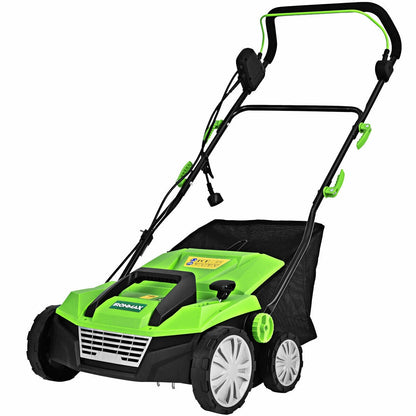 Escarificador eléctrico de 15 pulgadas y 13 amperios con bolsa recolectora y cuchillas extraíbles - Verde