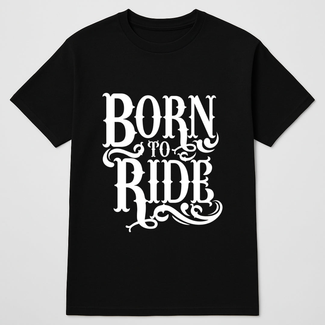 Biker Designed T-shirt black with white ornate Born to Ride graphic by BikerZoneZ on Tampa Home & Garden Store