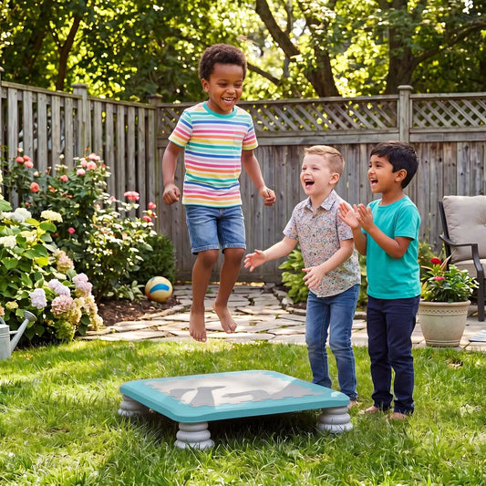 DirectDeals Kids Mini Trampoline 25.5 Inch teal frame with non-slip foot pads in backyard on Tampa Home & Garden Store