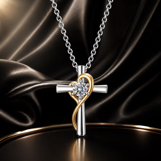 925 Sterling Silver 0.20ct Moissanite Necklace with cross pendant and gold-tone heart wrap on Tampa Home & Garden Store