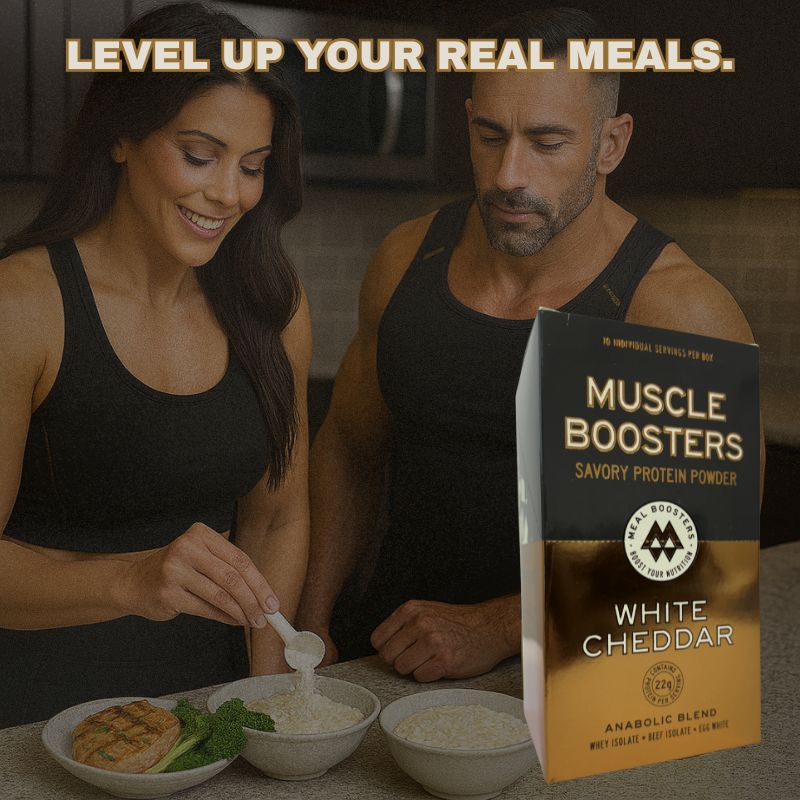 Muscle Boosters White Cheddar protein powder box, 10 packs, organic grass-fed whey isolate on Tampa Home & Garden Store