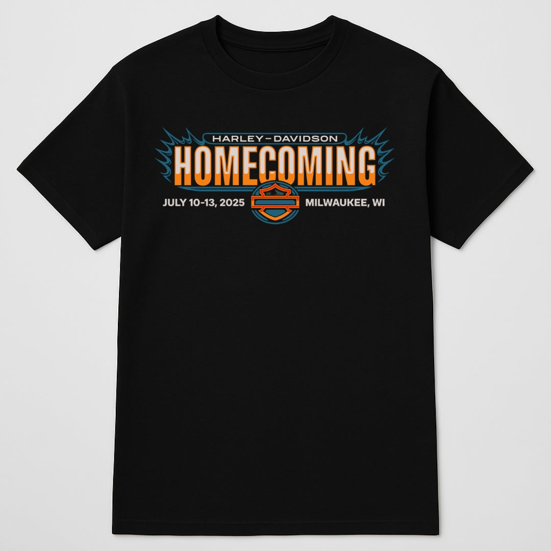 BikerZoneZ Homecoming Tshirt black tee with orange HOMECOMING text Milwaukee 2025 on Tampa Home & Garden Store