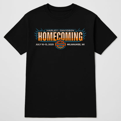 BikerZoneZ Homecoming Tshirt black tee with orange HOMECOMING text Milwaukee 2025 on Tampa Home & Garden Store