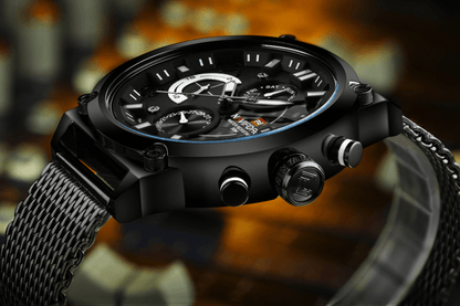 Men's Stevvex analog quartz watch with black dial steel mesh band waterproof on Tampa Home & Garden Store