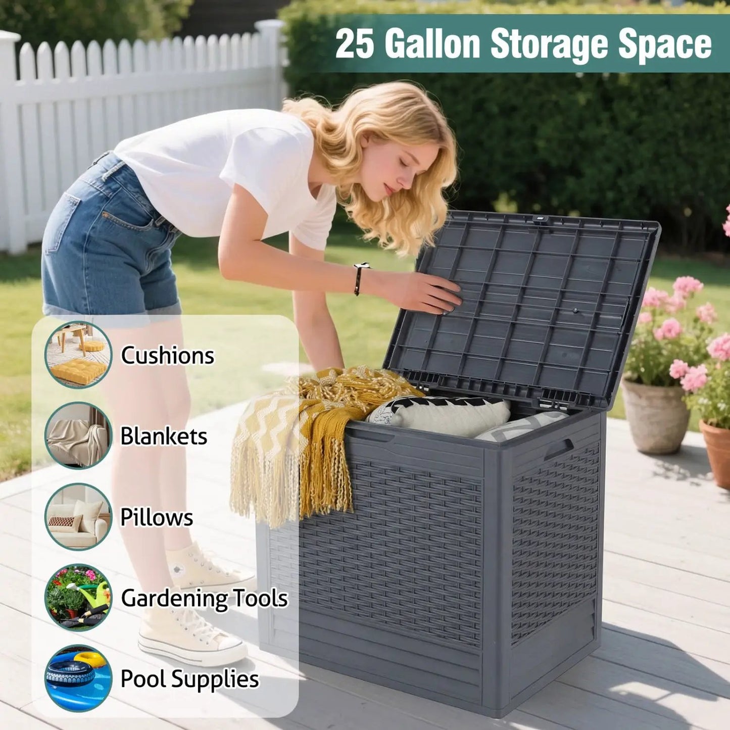 25 Gallon Outdoor Storage Box With Rattan Pattern