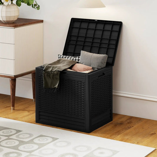 25 Gallon Outdoor Storage Box with Rattan Pattern, black wicker-style chest with lid open on Tampa Home & Garden Store