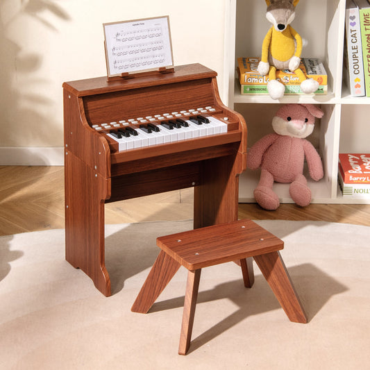 25 Keys Kids Piano Keyboard with Stool Mini Digital Piano Wooden Toy with Adjustable Speed and Volume - Tampa Home & Garden Store
