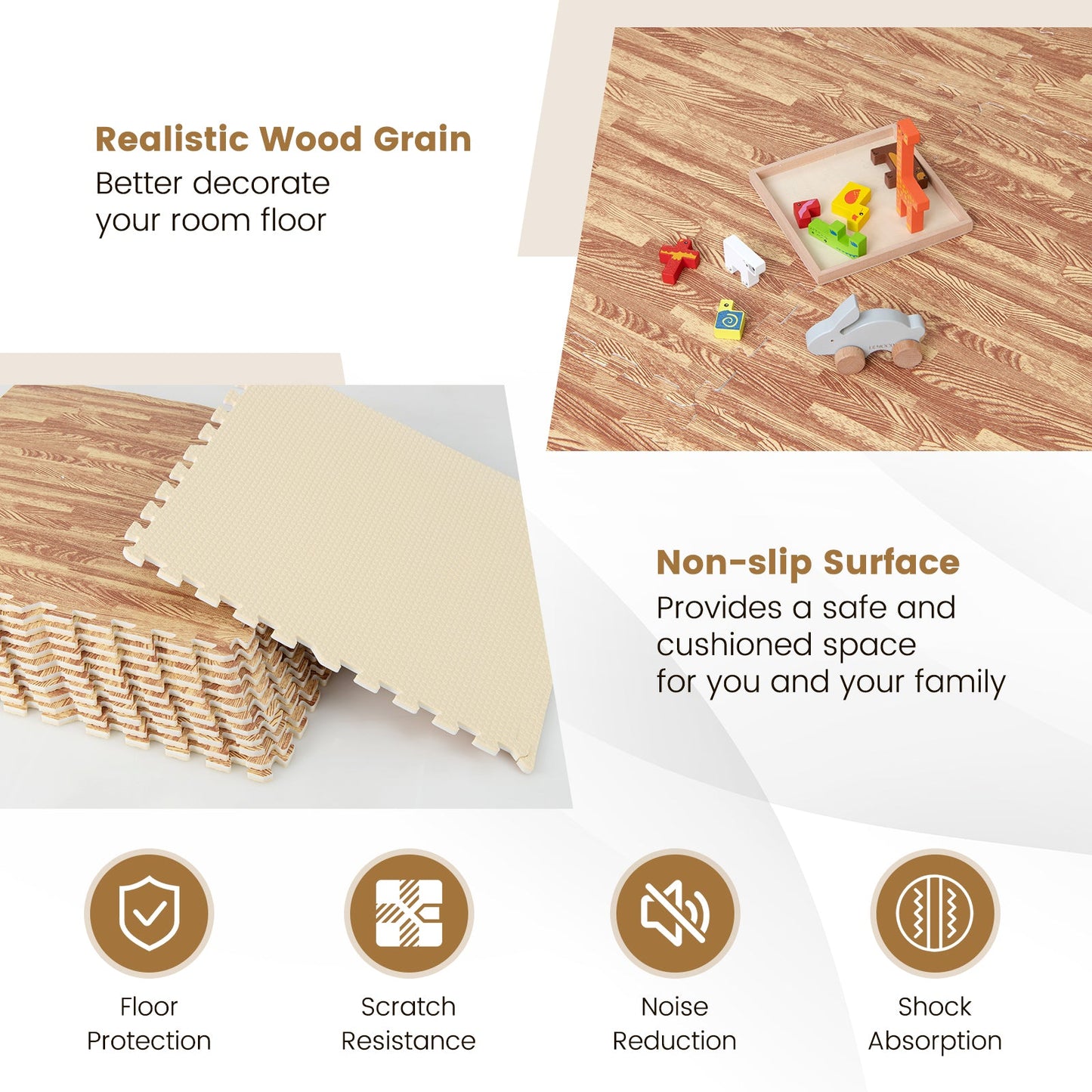 25 losetas de espuma con diseño de grano de madera para piso con bordes - Natural