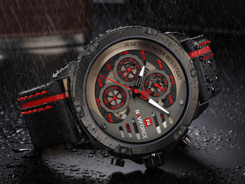 Men's Stevvex waterproof chronograph wristwatch with black leather strap and red accents on Tampa Home & Garden Store