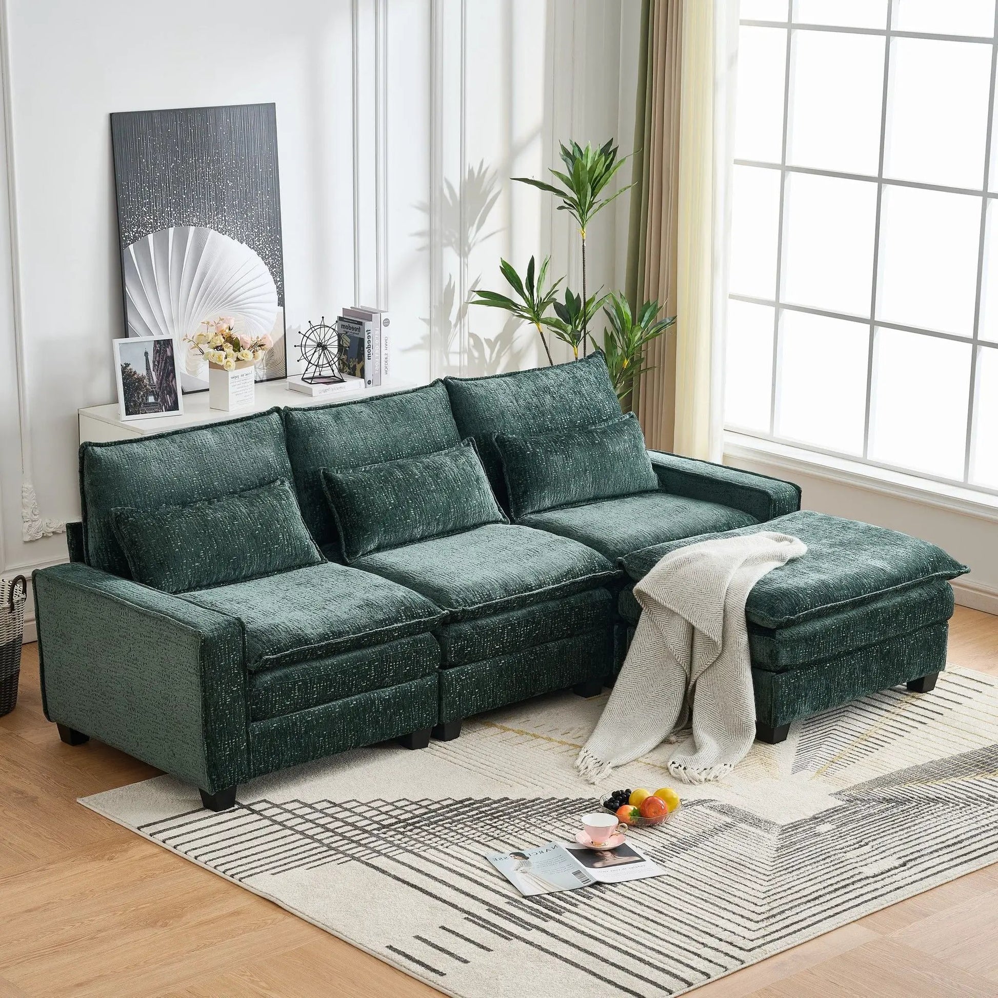 Modern L-shaped sectional sofa in teal fabric with movable ottoman, 2pc living room set on Tampa Home & Garden Store