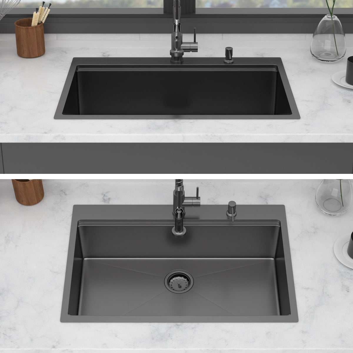 Drop In Kitchen Sink with pull-out faucet and soap dispenser, gunmetal black, single bowl on Tampa Home & Garden Store