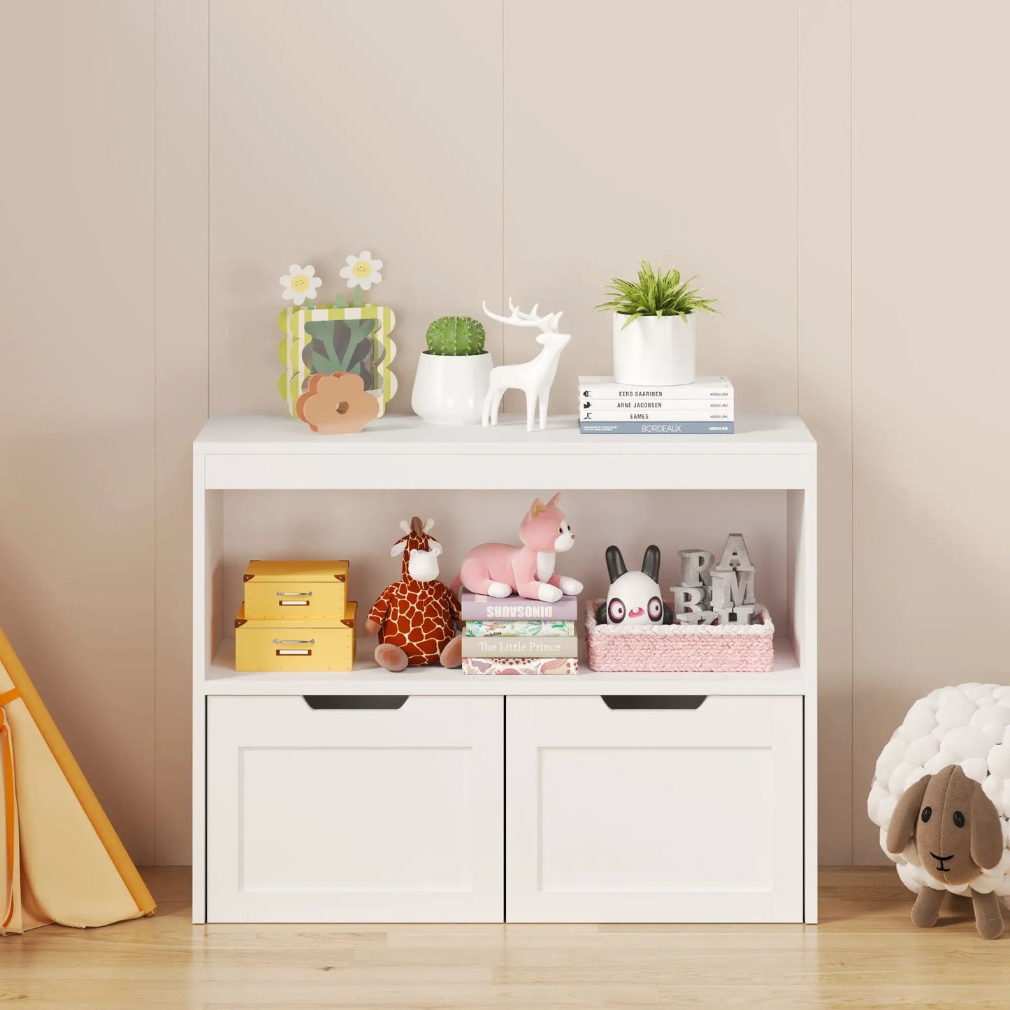 Book organizer with large drawers and open shelves in white, Unique Piece Furniture on Tampa Home & Garden Store