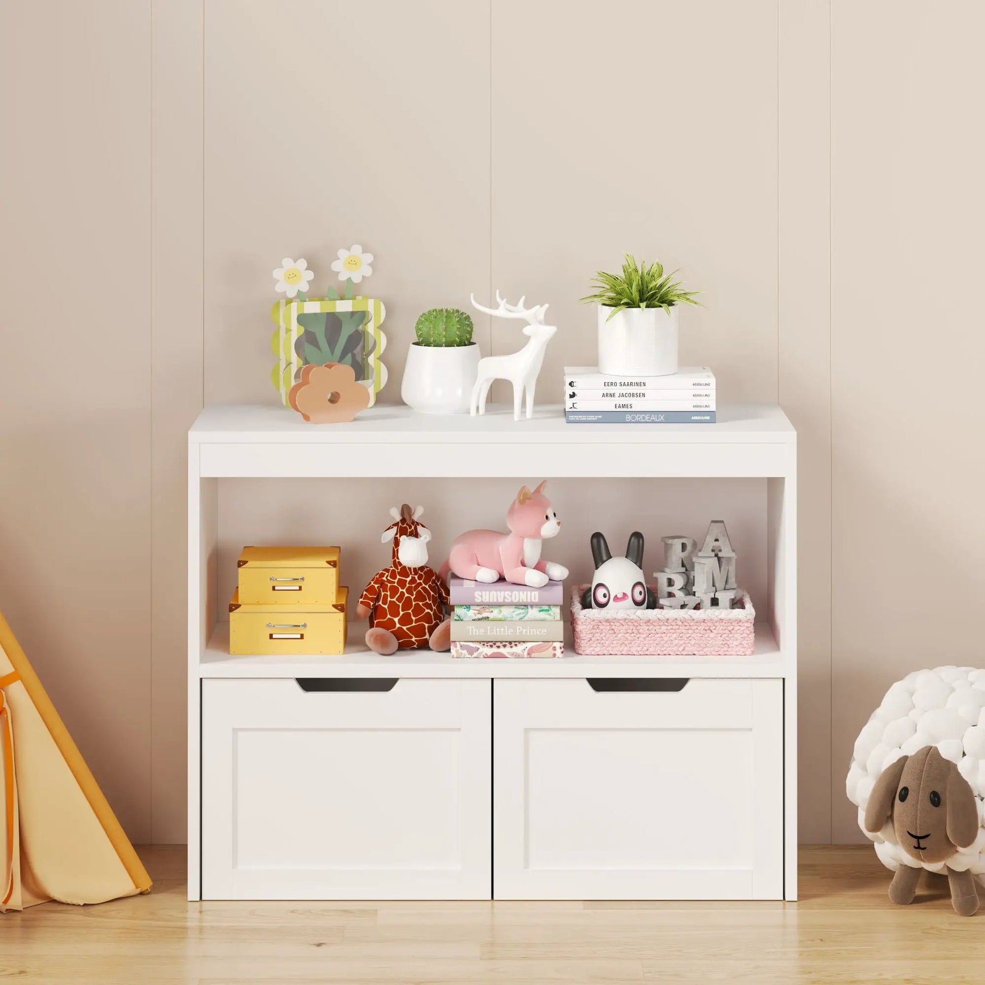 Book organizer with large drawers and open shelves in white, Unique Piece Furniture on Tampa Home & Garden Store