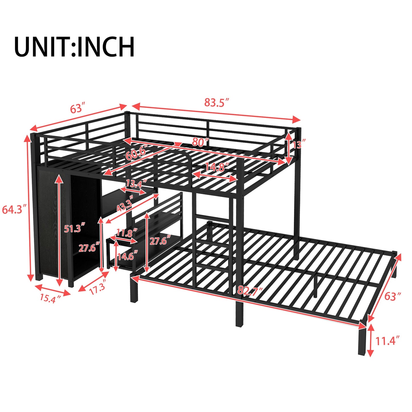 Queen Over Queen Bunk Bed With Desk and Wardrobe