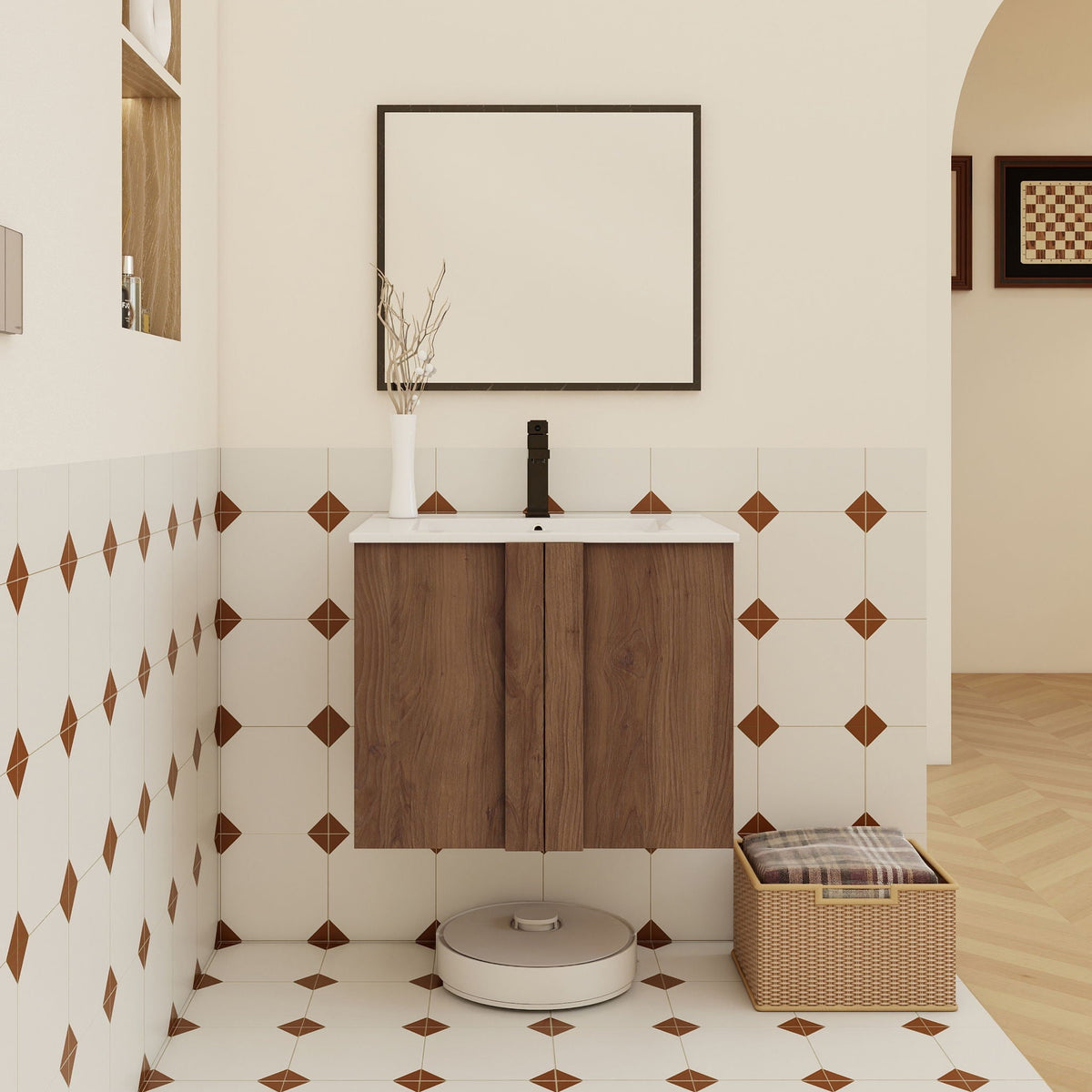 Floating bathroom vanity with sink in brown wood finish and soft-close doors HouseOfZazla on Tampa Home & Garden Store