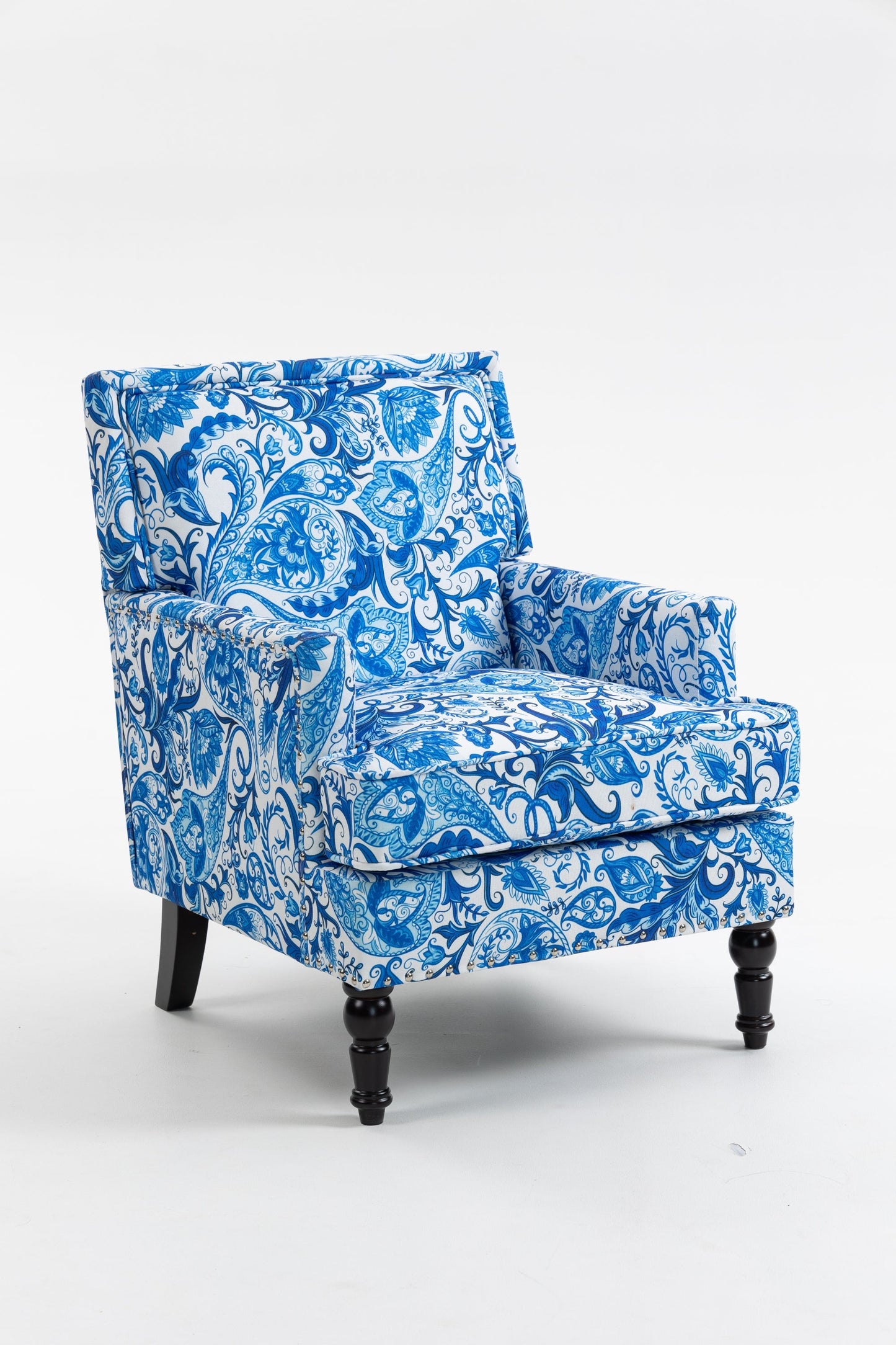 Upholstered Accent Chair in blue and white porcelain linen fabric by HouseOfZazla on Tampa Home & Garden Store