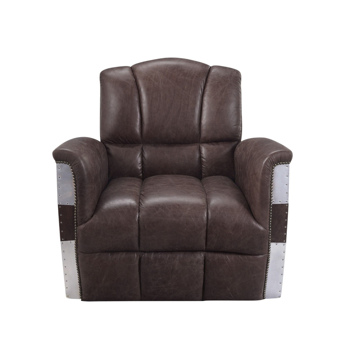 Brown leather accent arm chair with patchwork aluminum frame 35W x 35D x 35H HouseOfZazla on Tampa Home & Garden Store