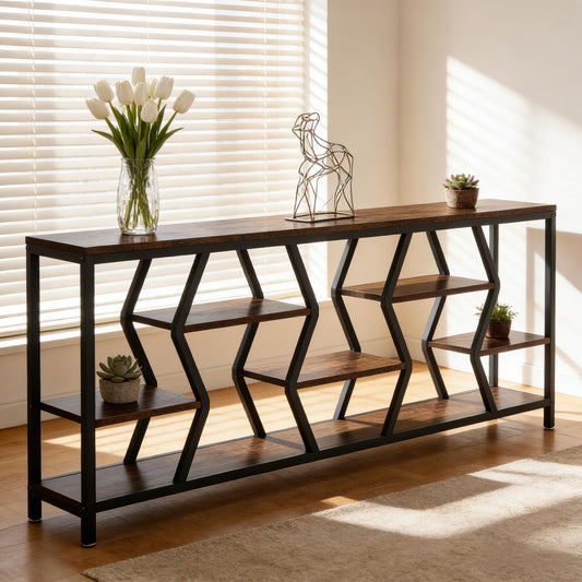 Durable Sofa Console Table with Storage, black metal frame, dark wood shelves, tulip vase on Tampa Home & Garden Store