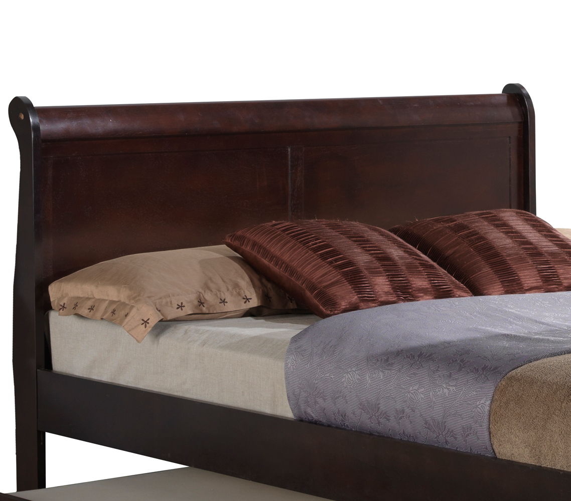 Elegant Trundle Bed in dark espresso wood with paneled headboard and beige linens on Tampa Home & Garden Store