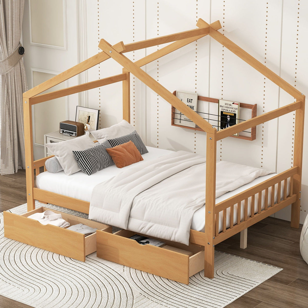 House Style Platform Bed with headboard, footboard, roof design, and two drawers on Tampa Home & Garden Store