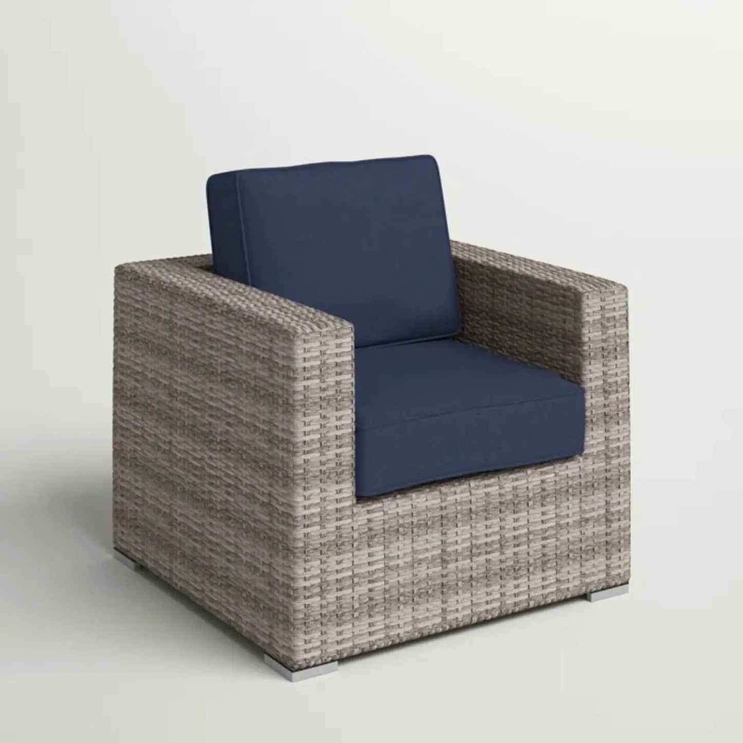 Patio arm chair with navy cushions in woven gray rattan by Unique Piece Furniture on Tampa Home & Garden Store