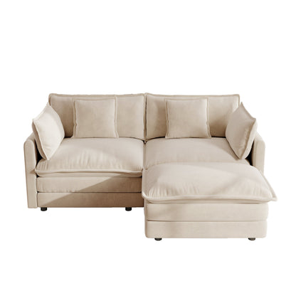 Beige chenille two-seater sofa with ottoman and cushions, L-shaped sectional on Tampa Home & Garden Store