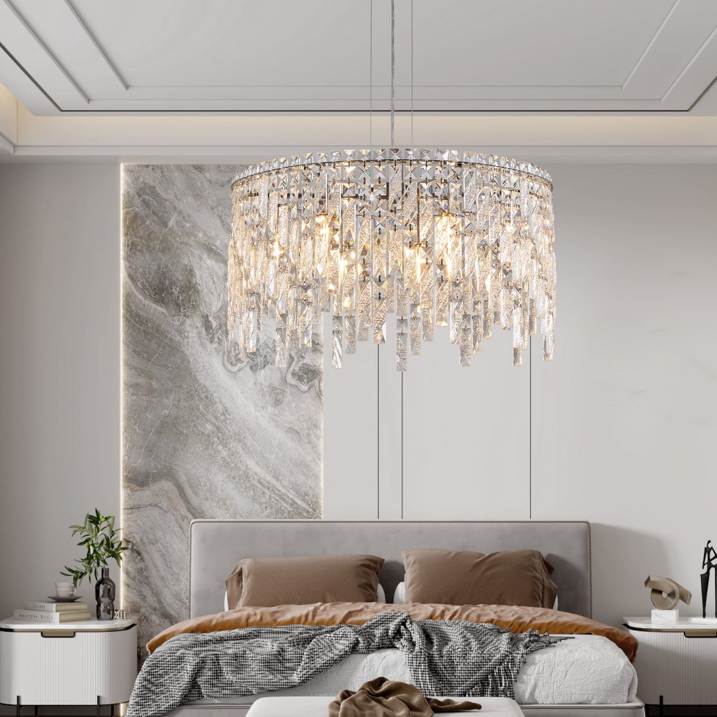 Chandelier 24-inch round silver crystal with cascading prisms by HouseOfZazla on Tampa Home & Garden Store