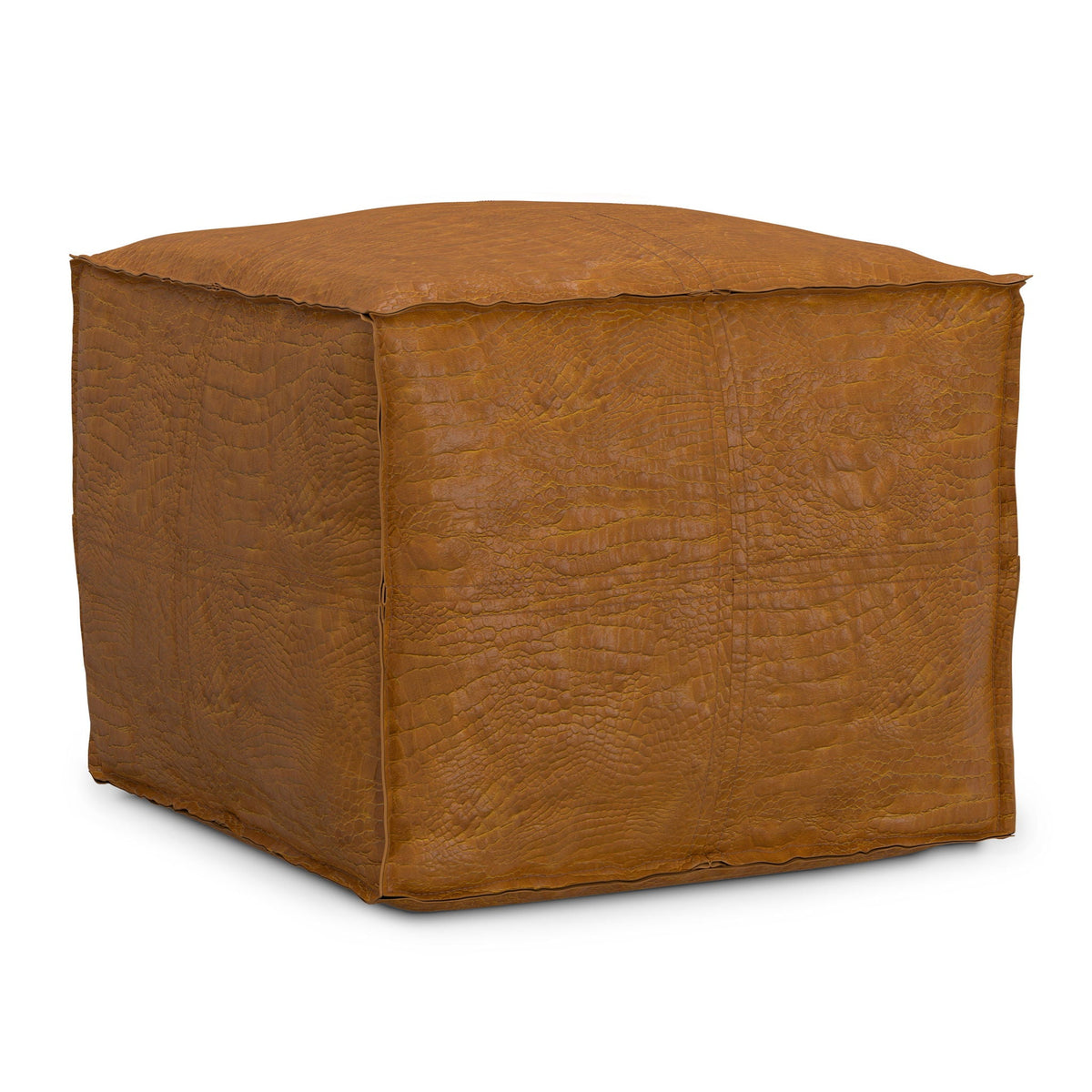 Tan leather-finish square pouf ottoman with stitched panels on Tampa Home & Garden Store