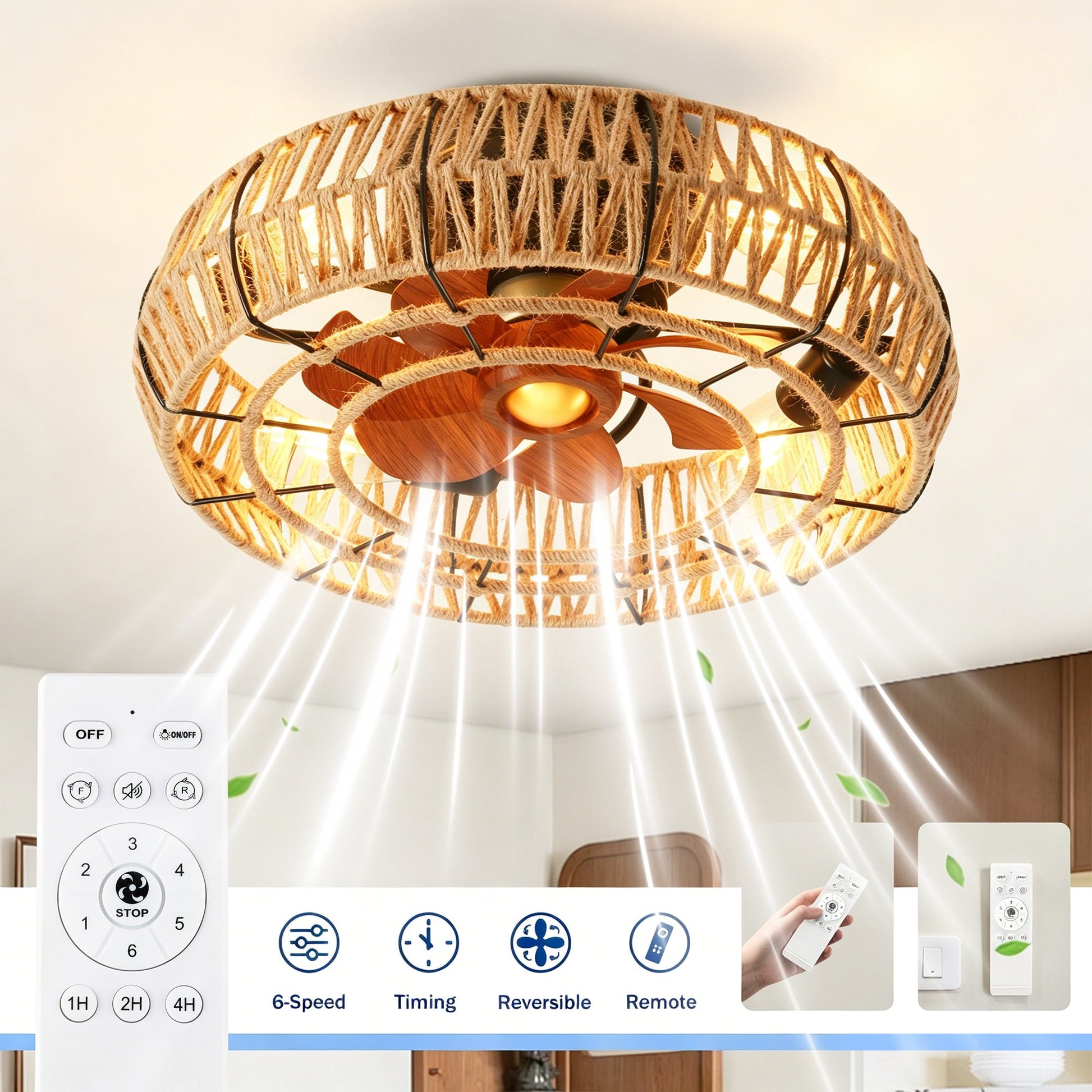 20-inch rope-caged flush mount ceiling fan with light kit and remote by HouseOfZazla on Tampa Home & Garden Store