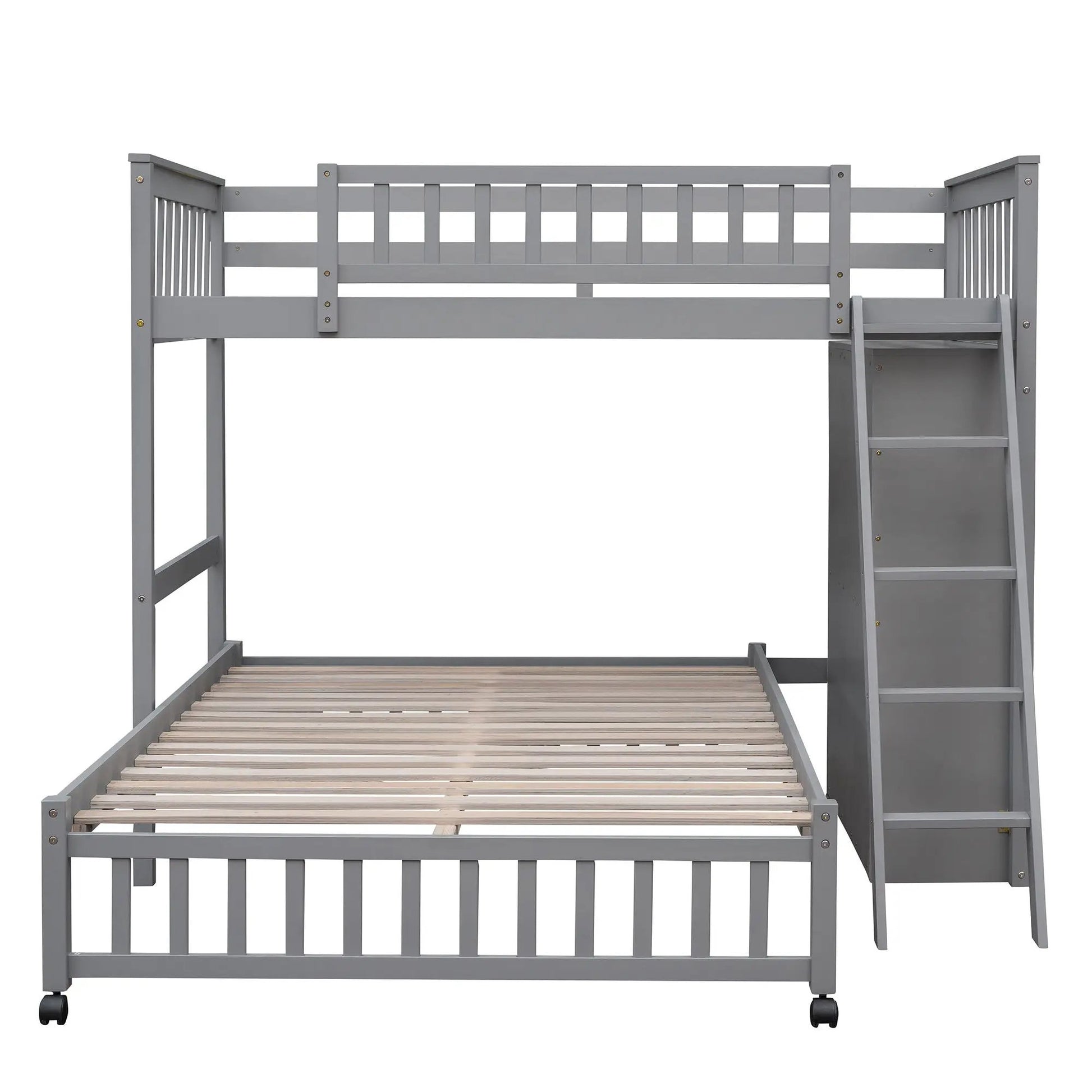 Gray wooden bunk bed with built-in storage shelves and caster wheels on Tampa Home & Garden Store