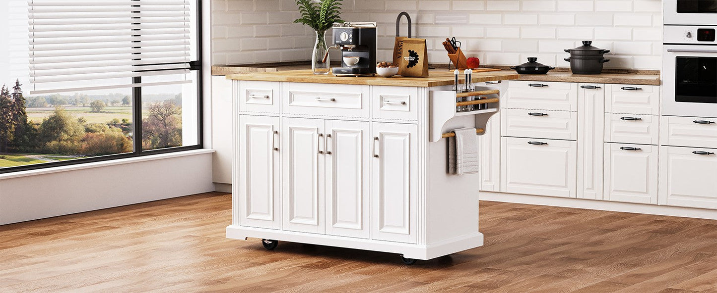 K&K 54-Inch Large Kitchen Island with Rubber Wood Drop Leaf, white base, wood top, on casters on Tampa Home & Garden Store