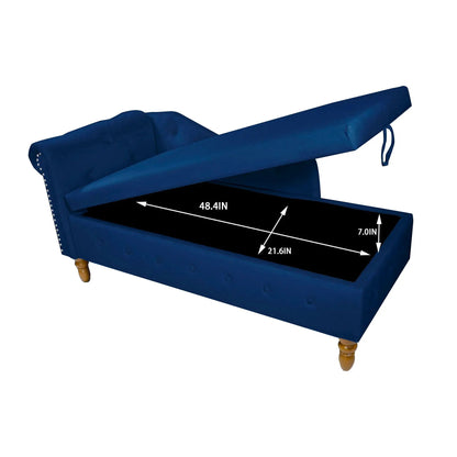 Chaise lounge with blue velvet upholstery, storage and pillow, nailhead trim, rolled-arm design on Tampa Home & Garden Store