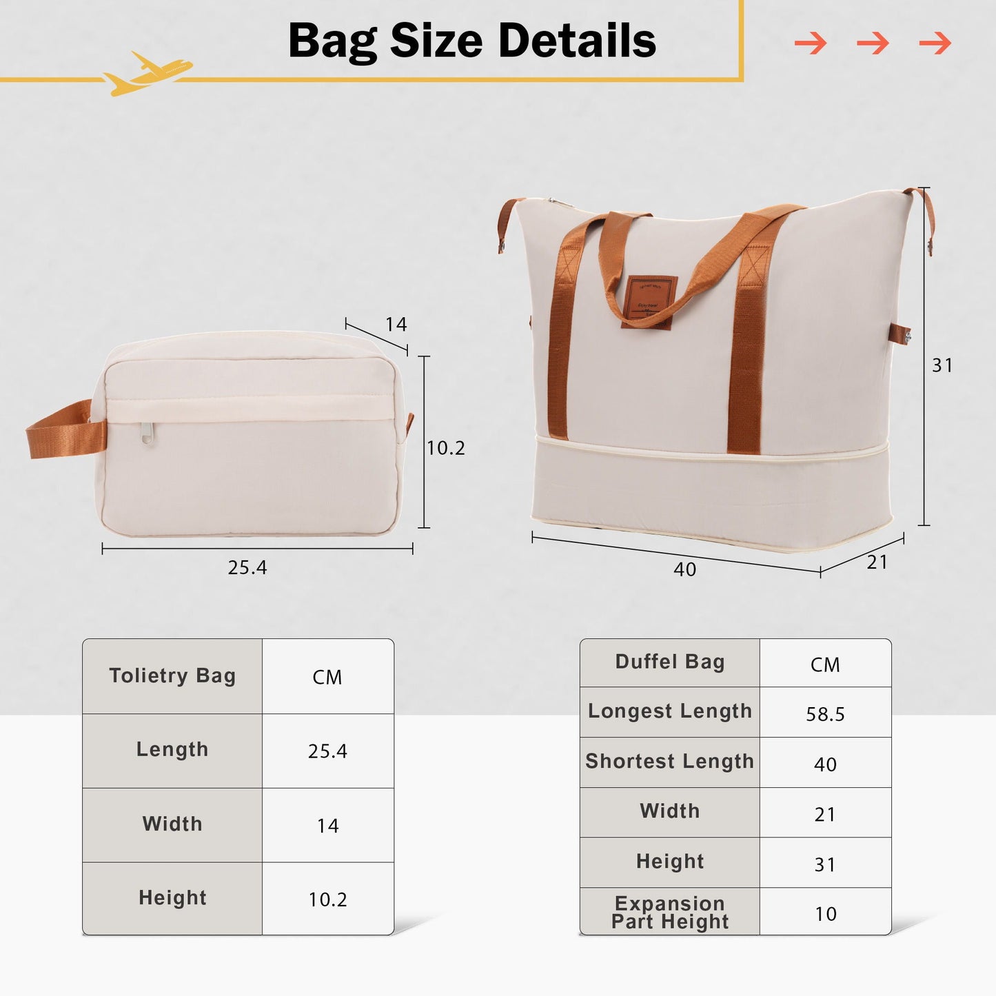 Luggage set 2-piece beige HouseOfZazla with toiletry bag and duffel bag, brown straps on Tampa Home & Garden Store