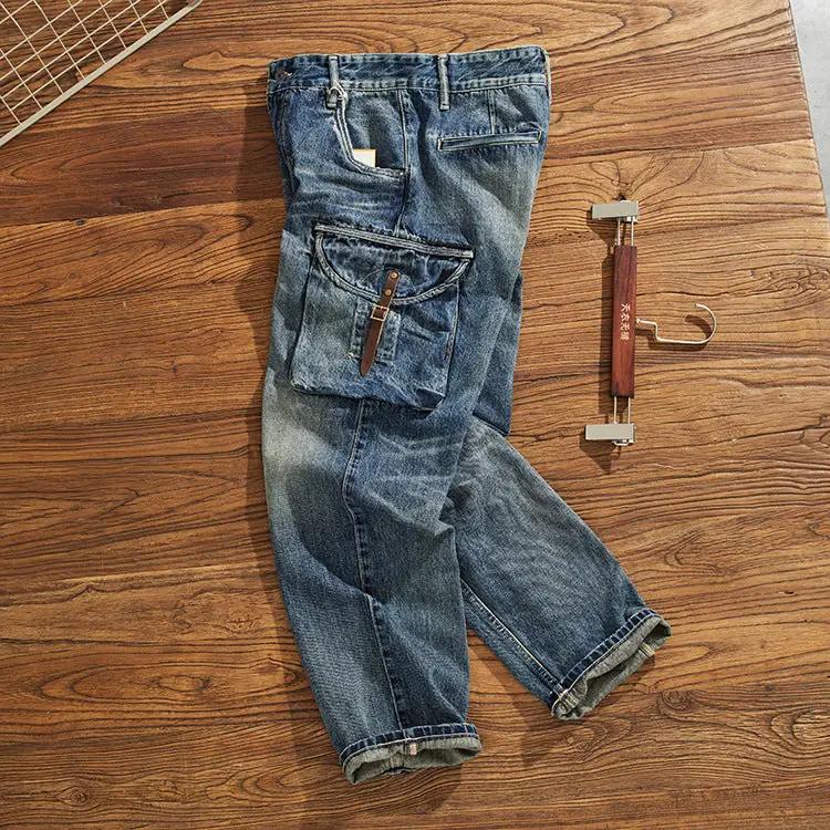 Heavy cargo jeans blue denim loose straight, leather strap cargo pocket, FLIPSTYLEZLLC on Tampa Home & Garden Store