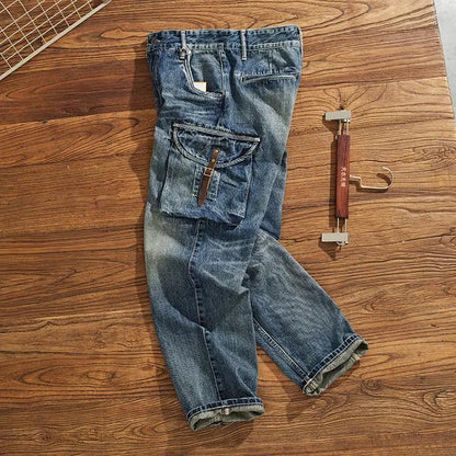 Heavy cargo jeans blue denim loose straight, leather strap cargo pocket, FLIPSTYLEZLLC on Tampa Home & Garden Store